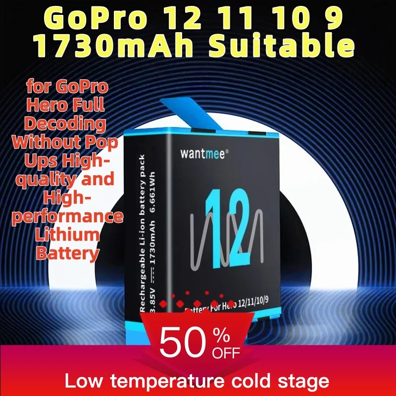 GoPro 12 11 10 9 1730mAh Suitable for GoPro Hero Full Decoding Without Pop Ups High-quality and High-performance Lithium Battery