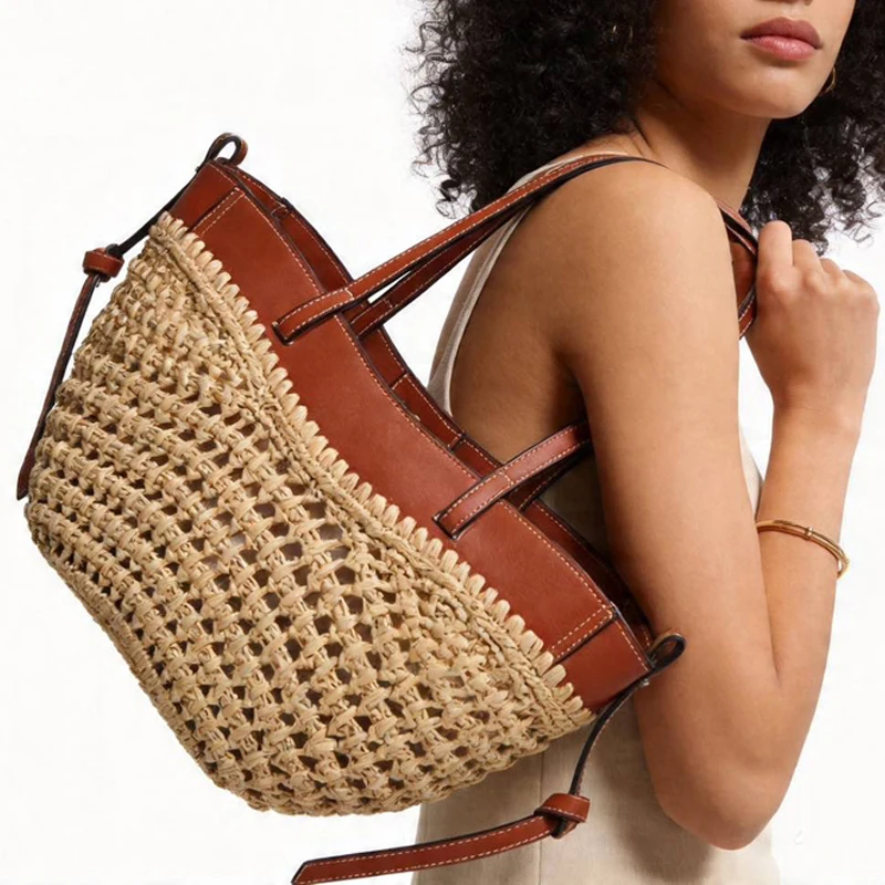 SHELKSBAG Fashion Straw Woven Tote Bag Women 2026 New Style Leather Patchwork Woven Shoulder Bags for Casual Summer Beach