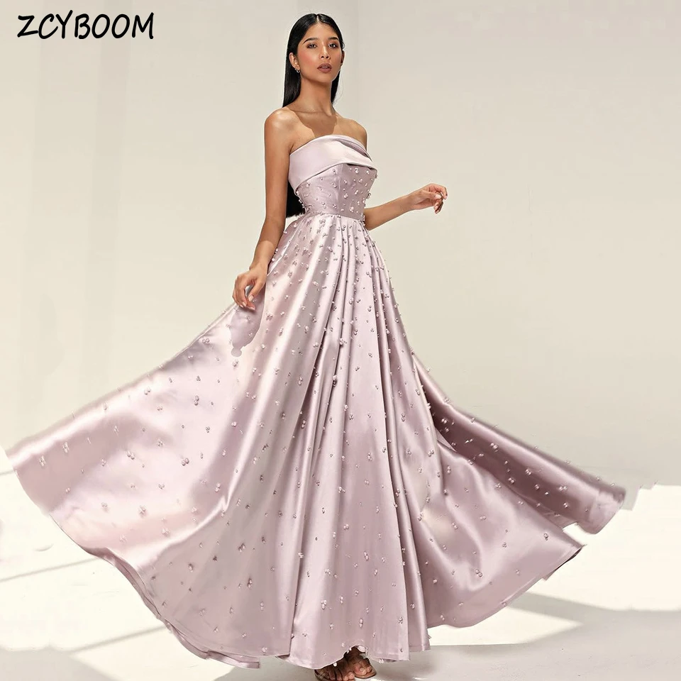 

Charming Pink Strapless Beaded Sleeveless Evening Dress 2024 Boho A-Line Floor Length Stain Custom Made Zipper Prom Dress