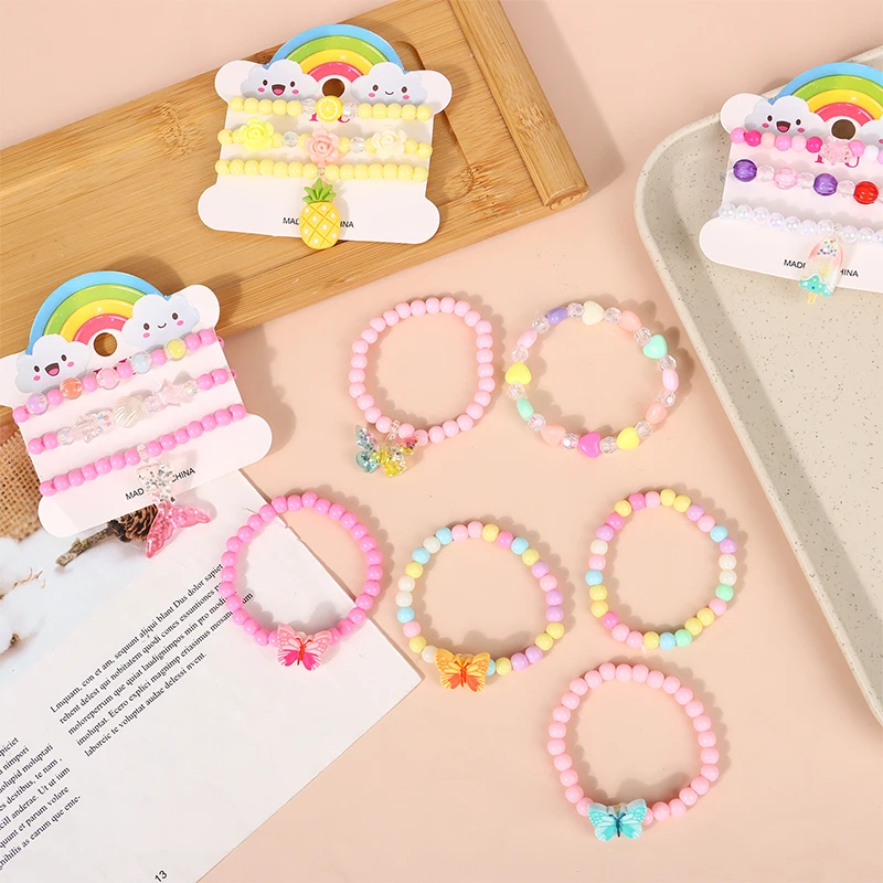 3 Piece/Set Children Dreamy Candy Color Beaded Bracelet For Kids Elastic Butterfly Pendant Lovely Jewelry