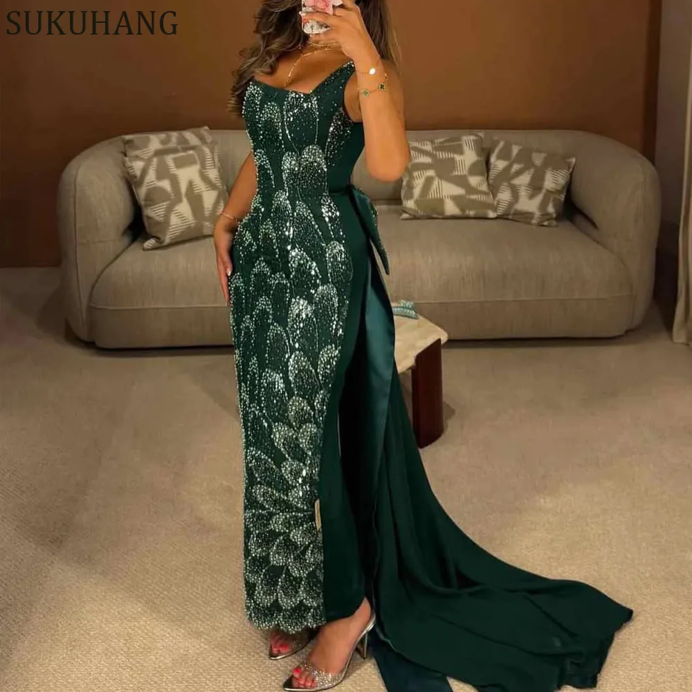 

SUKUHANG Emerald Green Straight Evening Dress with Train Bow Sheath Square Neck Party Prom Dress For Women Customized