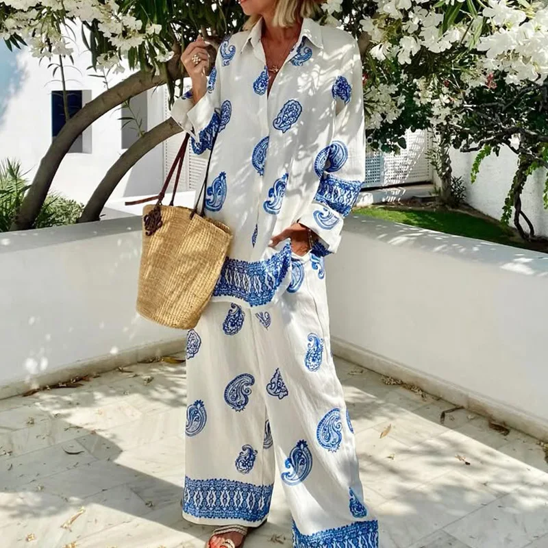 

Fashion Turn-Down Collar Cardigan & Wide Leg Pant Suits Women Casual Pocket Loose Two Pieces Set Print Button Long Sleeve Outfit