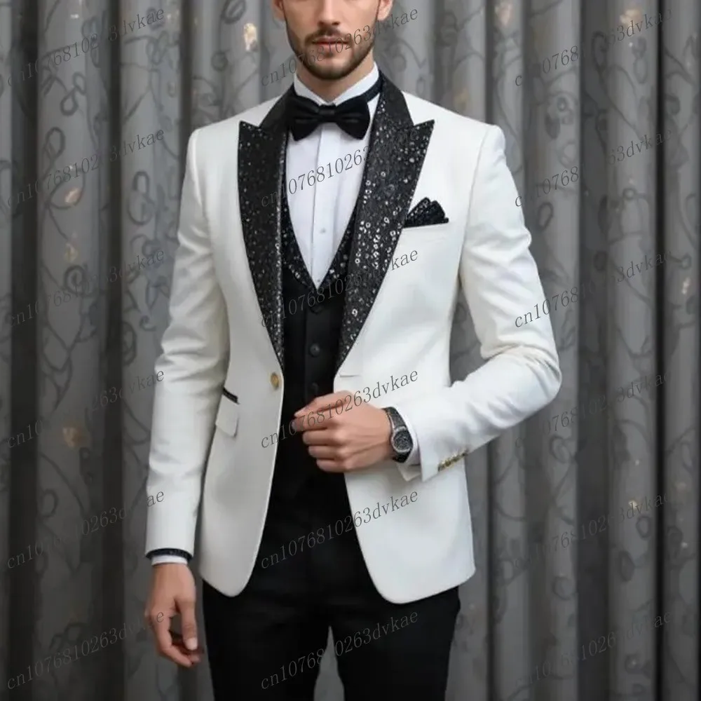 

New White And Black Formal Business Men Suit Groom Groomsman Wedding Party Prom Male Tuxedos 3 Piece Set Blazer Vest Pants