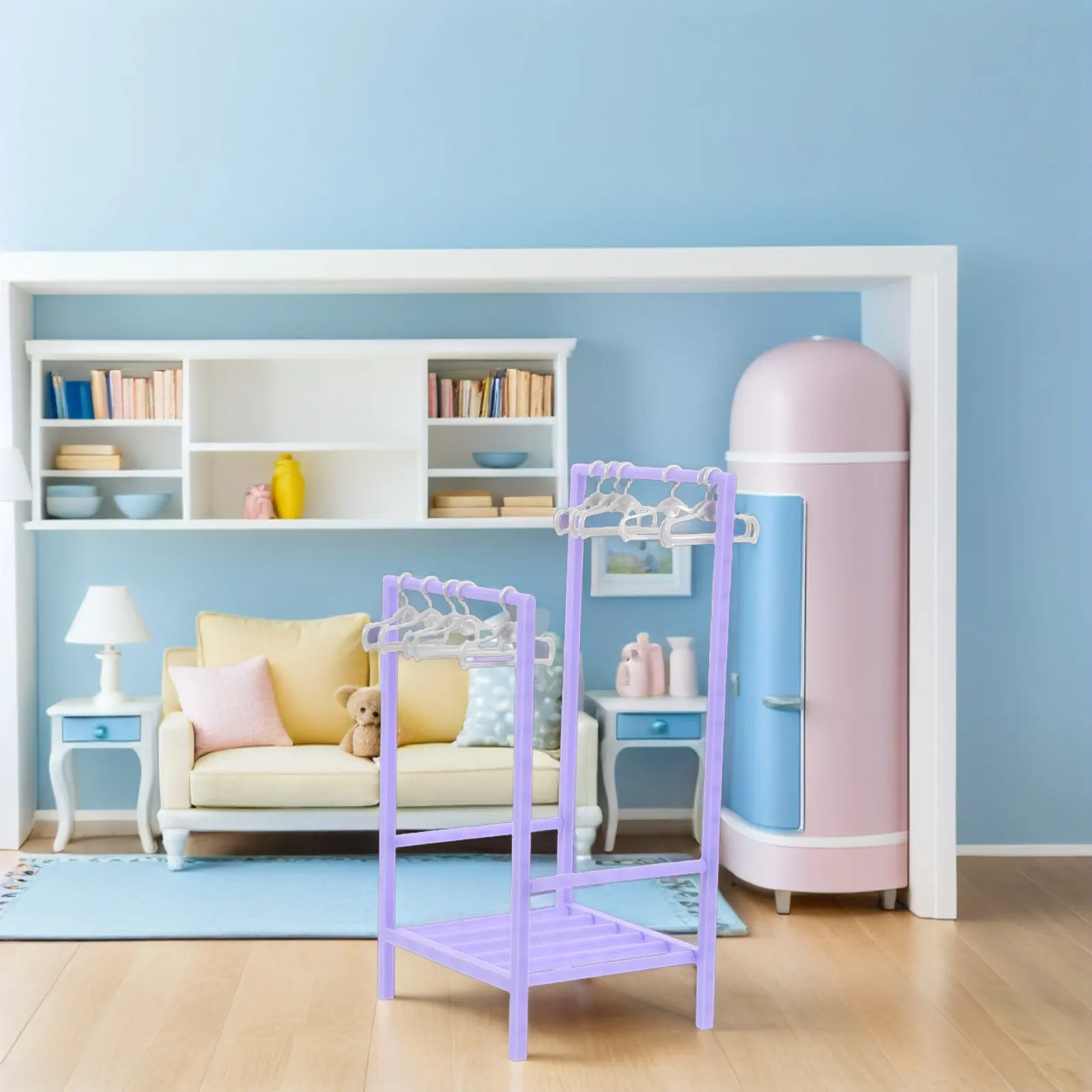1Set Realistic Miniature Clothes Rack Purple 30cm Plastic Hangers Dollhouse Laundry Room Balcony Wardrobe Furniture Accessories
