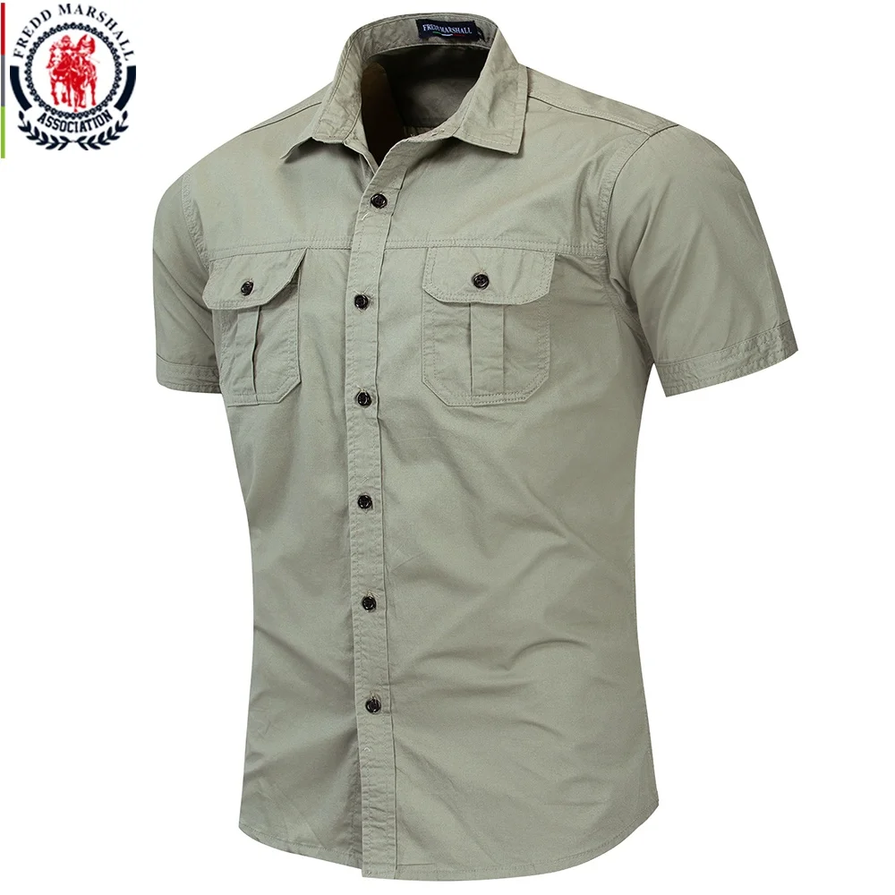 Fredd Marshall nouveau hommes chemise militaire hommes à manches courtes Cargo chemises 100% coton décontracté solide chemise mâle poche travail chemise 55889