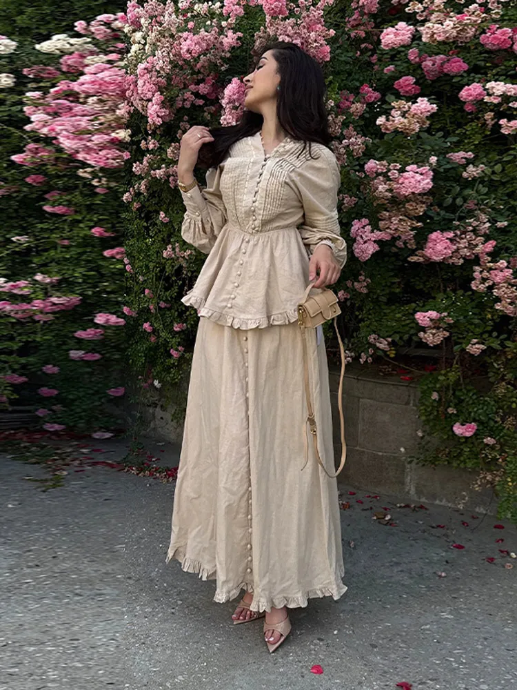 

Women's Long Sleeve Pleated Shirts Pants 2 Set Waist V Neck Tops Straight-Leg Trousers Single Breasted Shirt Daily Lady Outfits