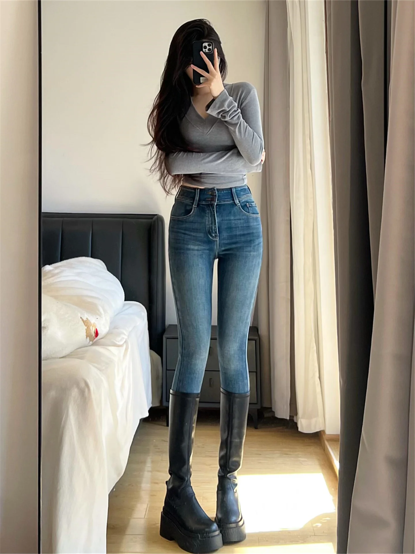 

Retro Blue Slim Fit High Waist Nine Point Pencil Jeans Women's Spring Fashionable Lengthened Cotton Denim Skinnies