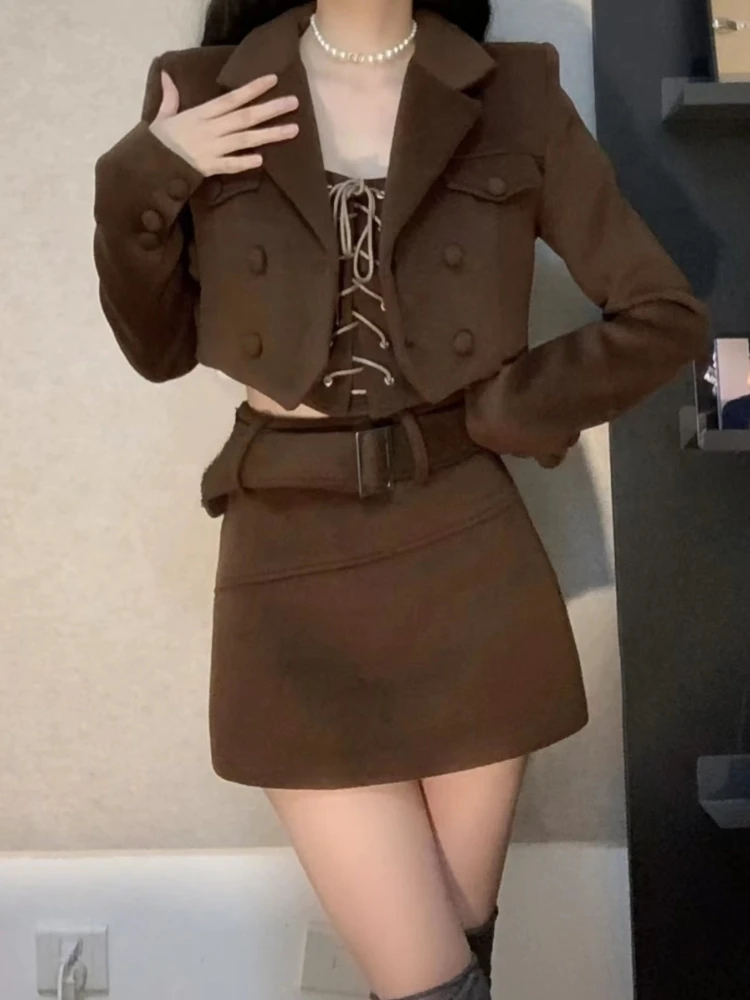 Korean Fashion 3 Piece Set Casual Vintage Suit Short Coat + Slim Vest + Bodycon Y2k Mini Skirt Solid Party Clothing 2023 Autumn