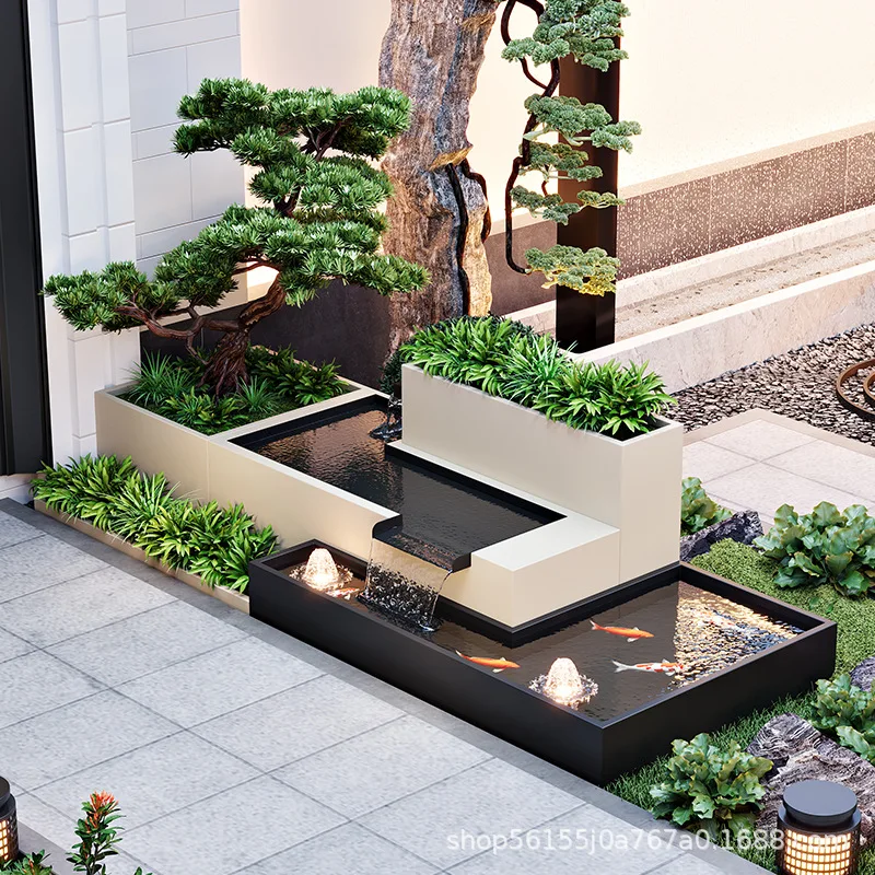 Aluminum alloy outdoor courtyard, flowing water landscape wall, garden, fish pond, flower bed combination, stainless steel