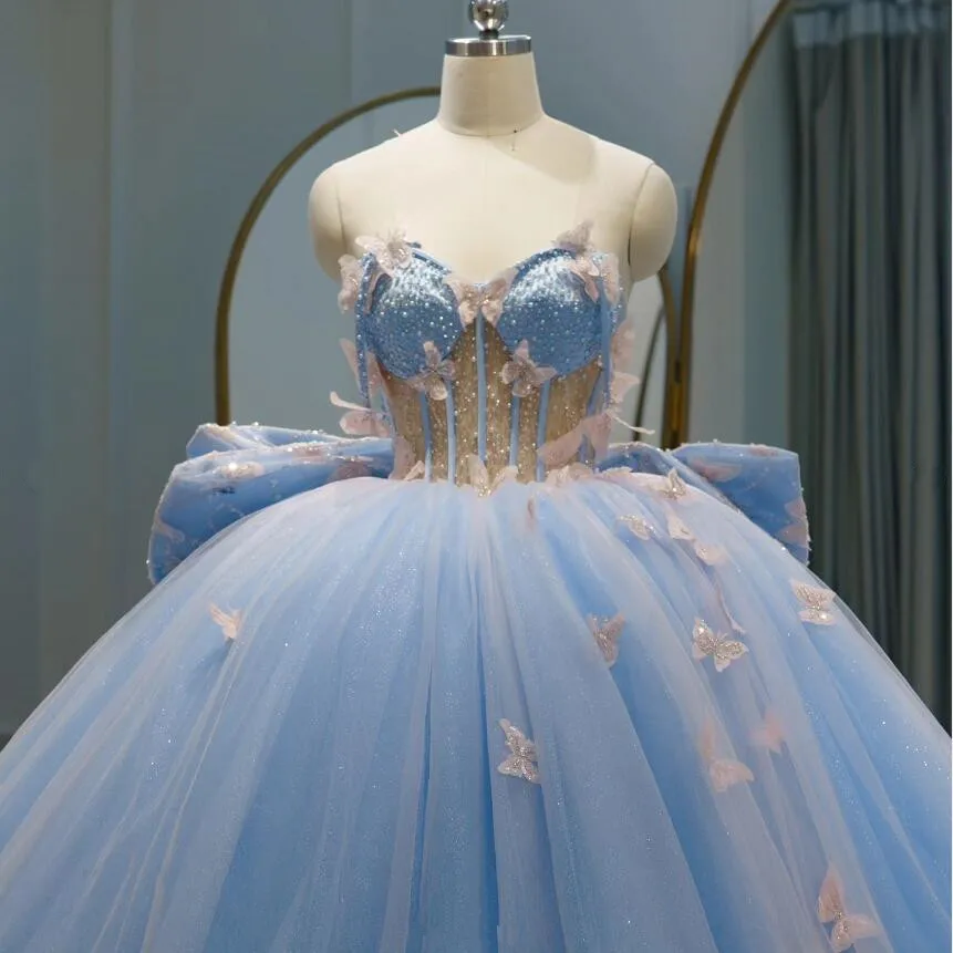 Sky Blue Big Bow Train Quinceanera Dresses Sweetheart Boning Corset Butterfly Gillter Beaded Vestidos de xv brillosos