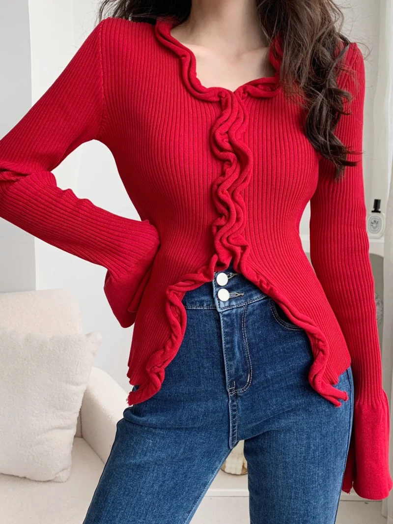 

RUFFLES Lace Pleated Knitted Elegant Sweater Women Spring Flare Sleeve Sexy Slim Red Top V Neck Sexy Women K117