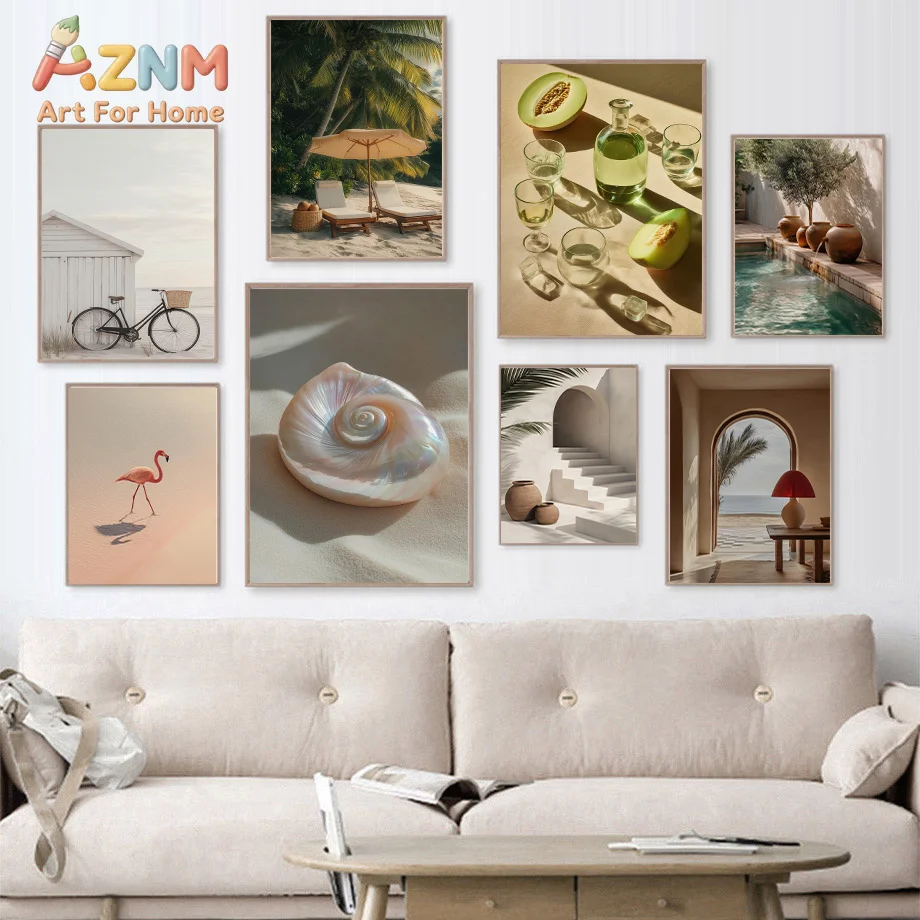 AZNM Boho Tropische Strand-Leinwand-Wandkunst Flamingo Muschel Mittelmeer-Architektur Frucht-Stillleben-Druck für Wohnzimmer