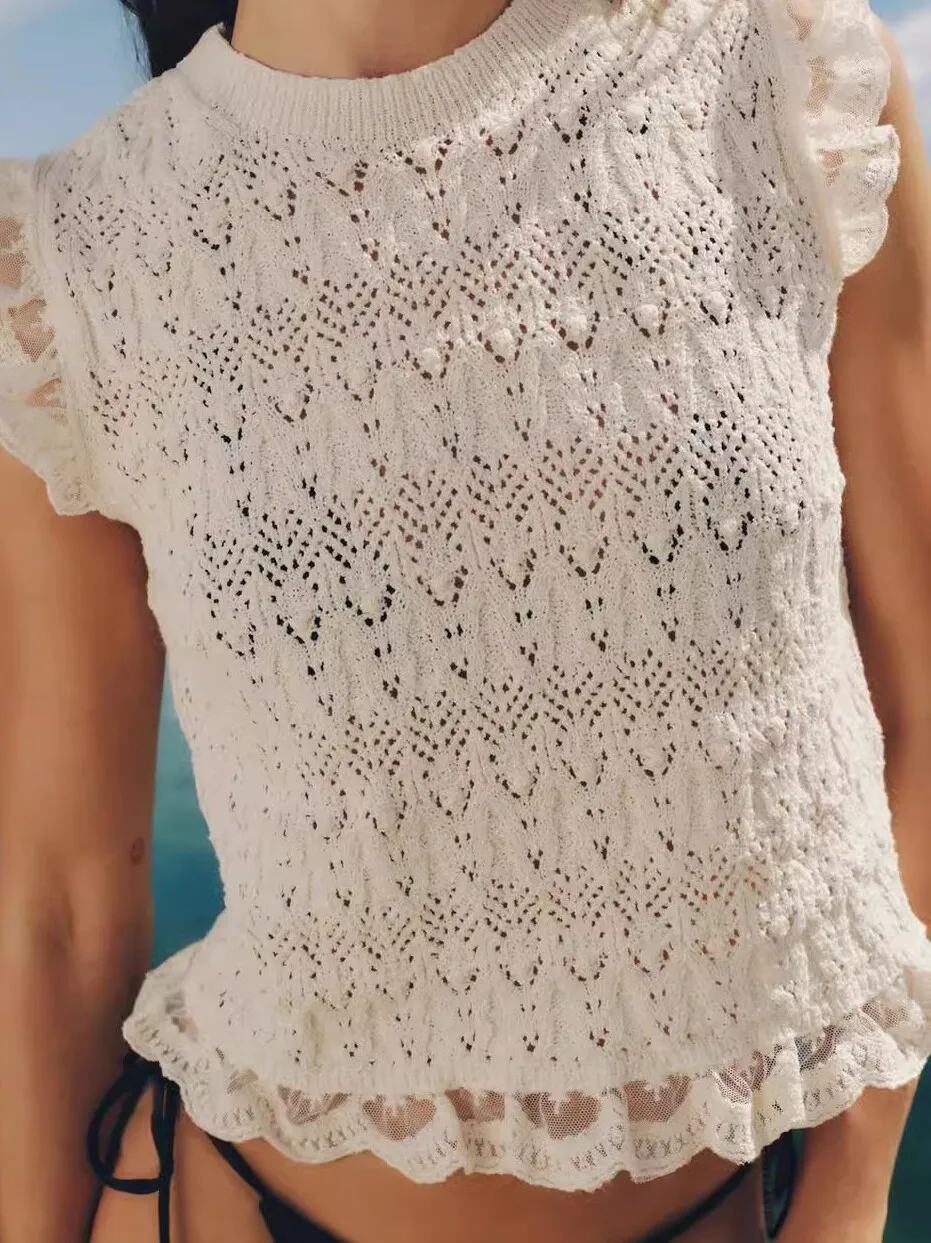 

Faionable White Hollow out ort Sve Knitted Top Women's Sweet Sle Summer New Arrival 2024 Polyester Fiber round Ne