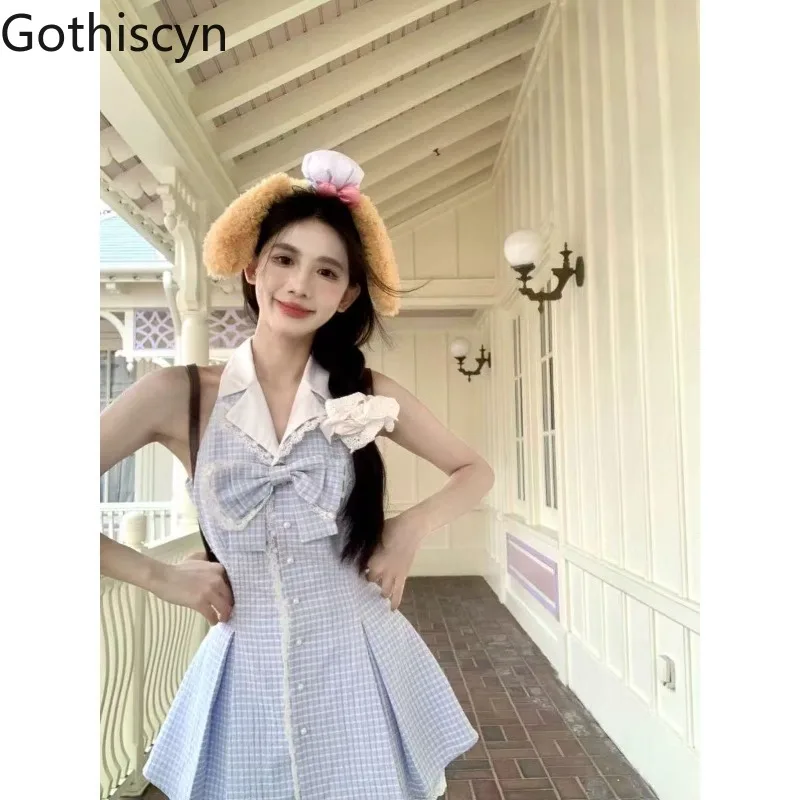 

Gothiscyn Preppy Style Blue Plaid Sleeveless Dress Women's Summer Bow Lace Slim Pleated Short Dress Fashion Female Clothes