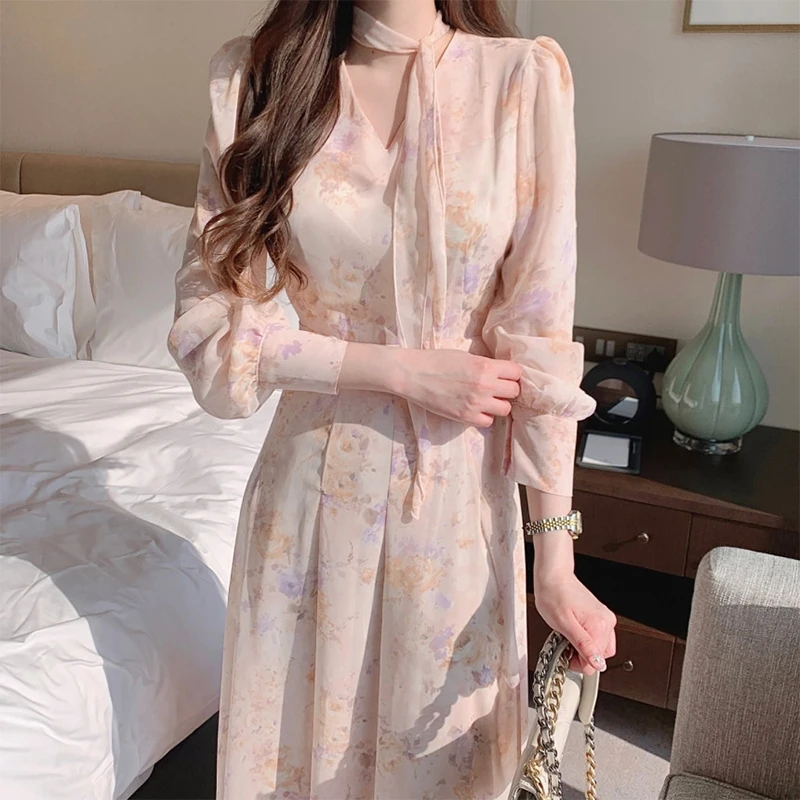 Ele Spring Floral Print Chiffon Dr mit Gürtel Bubble Sve V-Ne Long Dr Korean Sle High Waist Long Rock