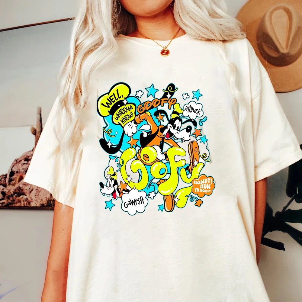 

2025 Women's Retro Goofy Doodle T Shirt Y2K Neon Cartoon Aesthetic Tee Funny Goofy Catchphrase Family Trip Matching T-shirt