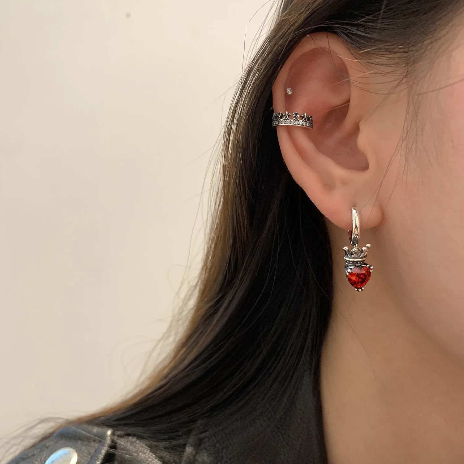 OIMG Silver - Plated Vintage Thai Silver Crown Love Heart Hoop Earrings For Women Crystal Red Gem Earring Trendy Jewelry
