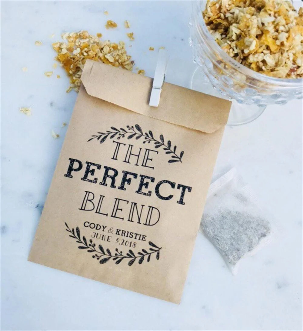 50 Wedding Favor Bags! - The Perfect Blend - Coffee, Tea & Honey, or Granola Favor Bags - Custom Printed on Kraft Brown Paper Ba