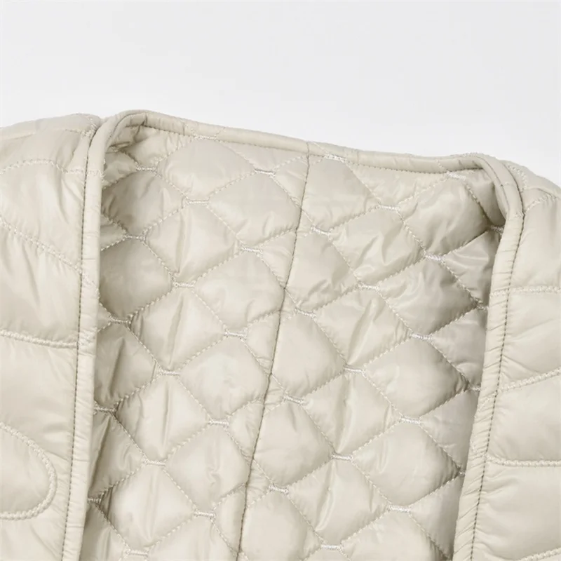 Diamond Lattice Women Cotton Padded Jacket Thin And Loose With Belt Coat Unique V-Neck Long Sleeve Off-White Tops Newes In Stock