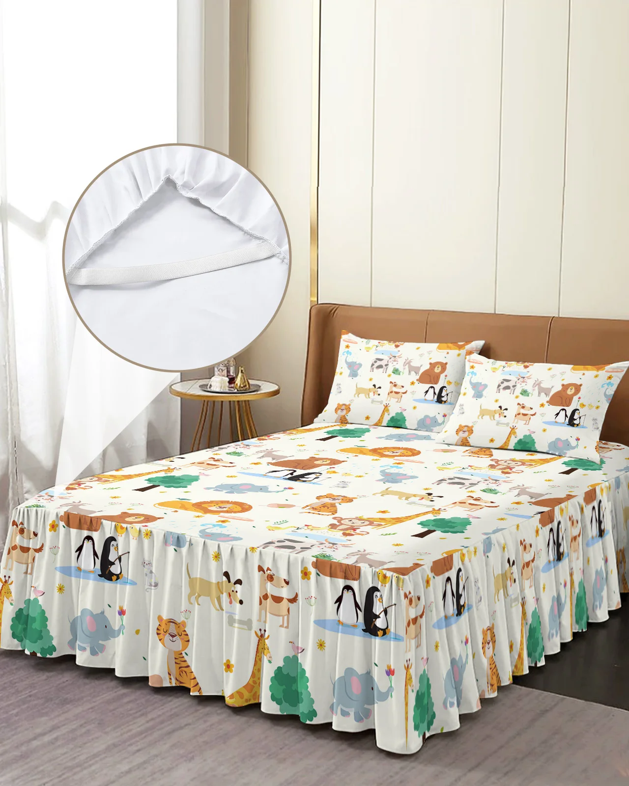 Animal Tiger Lion Elephant Penguin Bed Skirt Elastic Fitted Bedspread With Pillowcases Mattress Cover Bedding Set Bed Sheet