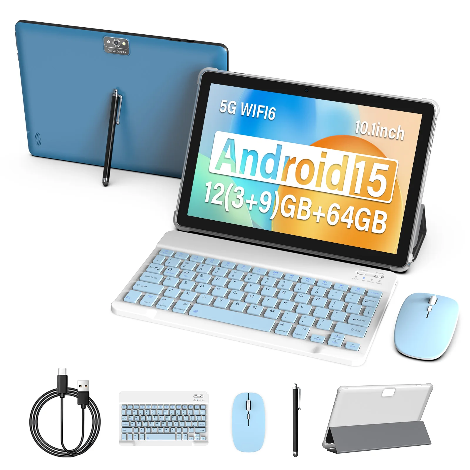 تابلت BAKEN Android 15، 12 (3+9) جيجابايت + 64 جيجابايت، معالج رباعي النواة، واي فاي 6، بلوتوث، USB-C، متجر جوجل بلاي،