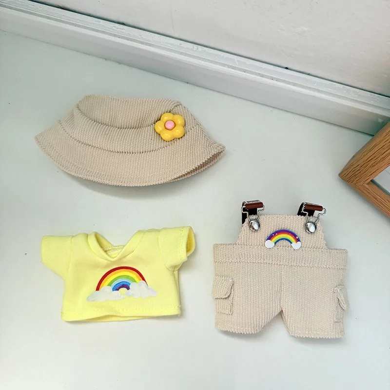 

Workwear Style Clothing For 1st-3rd Gen Labubu Khaki Overalls With Rainbow White T Shirt Corduroy Bucket Hat For 15/17cm Dolls