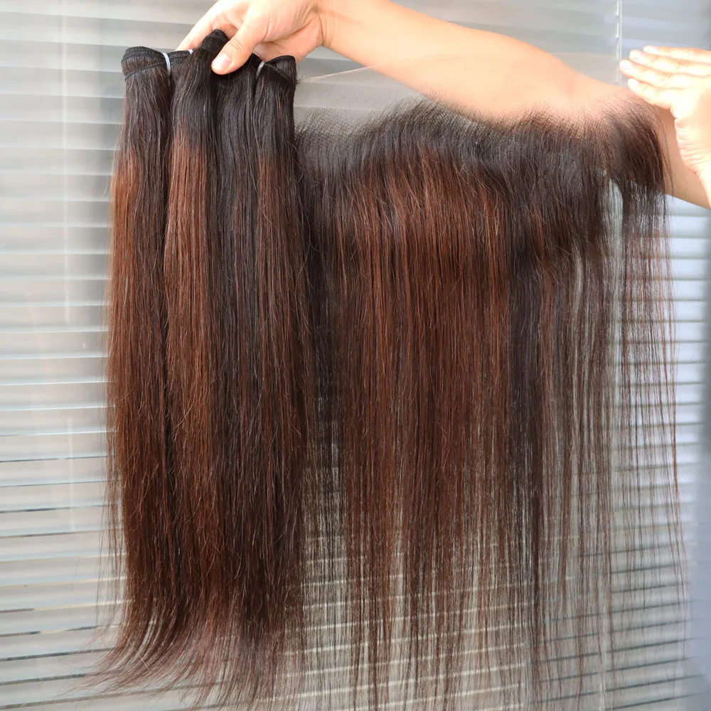 تسليط الضوء على بني فاتح 1B 4 أومبير عذراء ريمي الشعر البشري الهندي حزمة لحمة مع الدانتيل الشفاف إغلاق أمامي انخفاض الشحن