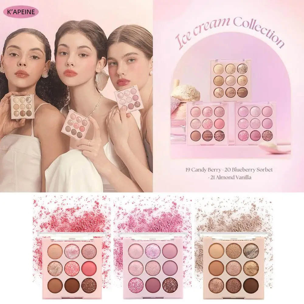 Paleta de sombra de ojos de helado de 9 colores, purpurina mate con Colorete de maquillaje Rosa coreano para mujeres, cosméticos en polvo púrpura, lindo