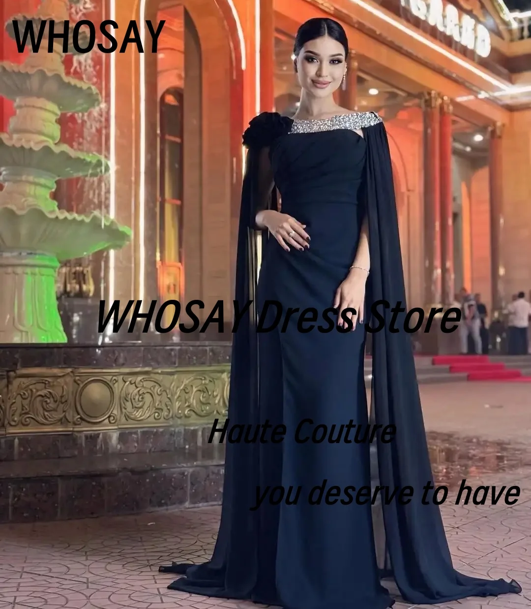 

WHOSAY Black Prom Dresses Ruched Strapless Vestidos Des Noches Customized Beaded Flower Shawls Evening Party Gowns
