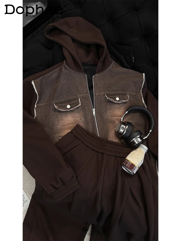 

2025 Men's Autumn New 2pcs Masculinity Rough Edge Splicing Hooded Long Sleeve Fashion Denim Jackets Pants Sets Trendy Men's Sets