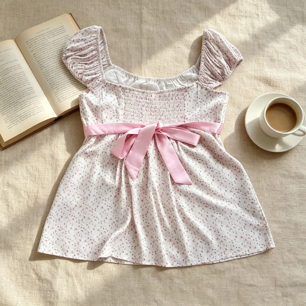 Polka Dot Tie Waist Top Vacation Resort Holiday Chic Puff Short Sleeve Navy White Dot Gathered Front Sash Bow Peplum Hem