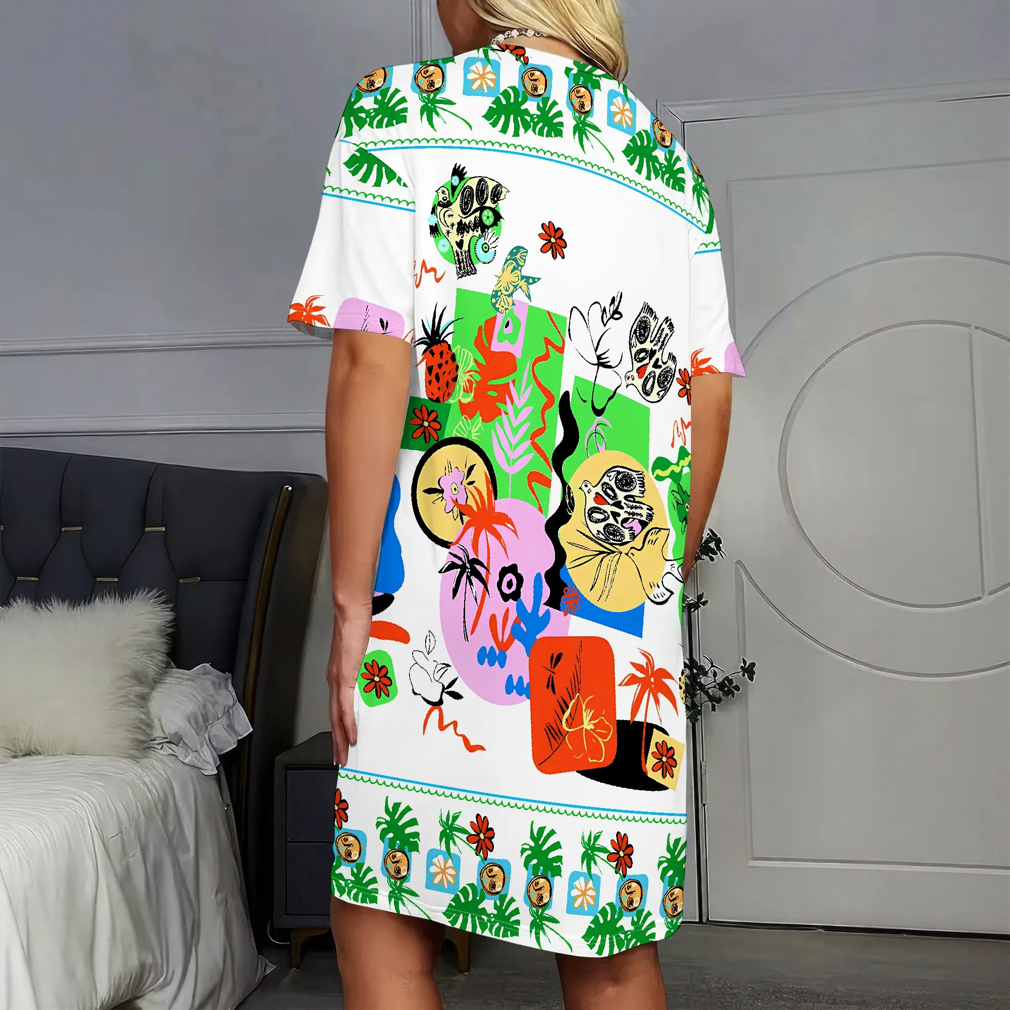 Vibrant Art Print, Women's T-Shirt Dress, Tropical Pattern, Abstract Graphics, Summer Beachwear, Casual Vacation Outfit, S-2XL