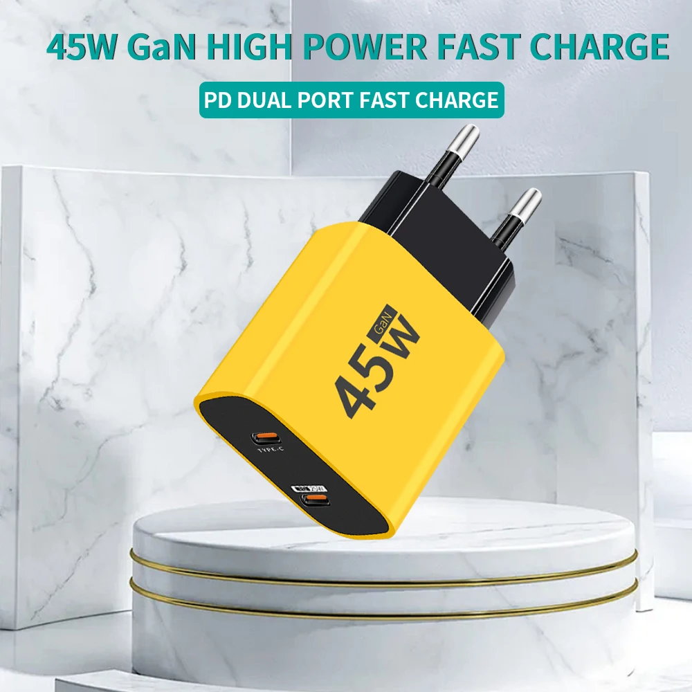 Dual PD Fast Charging 45W Quick Charger 3.0 Mobile Phone Adapter For iPhone 15 Xiaomi Samsung Huawei Wall Charger C