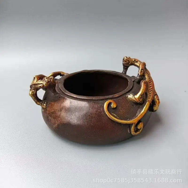 Manufacturer wholesale antique pure copper gilded double dragon ear ashtray, pen washer, copper incense burner, antique statione