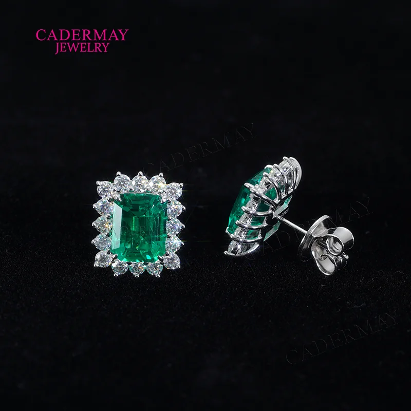 925Silver Women Halo Moissanite Earrings 7x9mm Lab Emerald Gemstone Engagement Stud Earrings Beautiful Anniversary Party Jewelry
