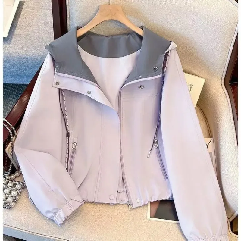 

2026 Spring Female Contrasting Colors Hooded Casual Coat Women New Loose Small Early Autumn Age-reducing Jacket Top Trench Coat