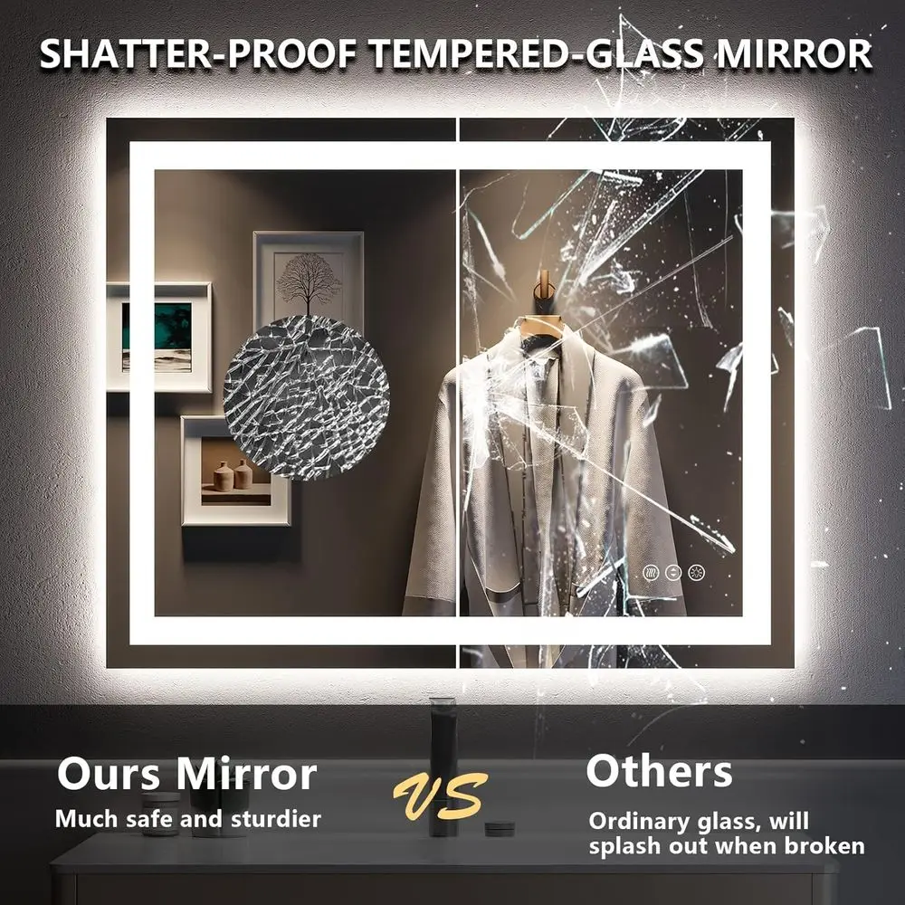 مرآة حمام مضيئة بإضاءة LED 36 وات × 32 ساعة، 3 ألوان قابلة للتعتيم، مضادة للضباب، مقاومة للكسر، مرآة زينة مقاومة للماء #6