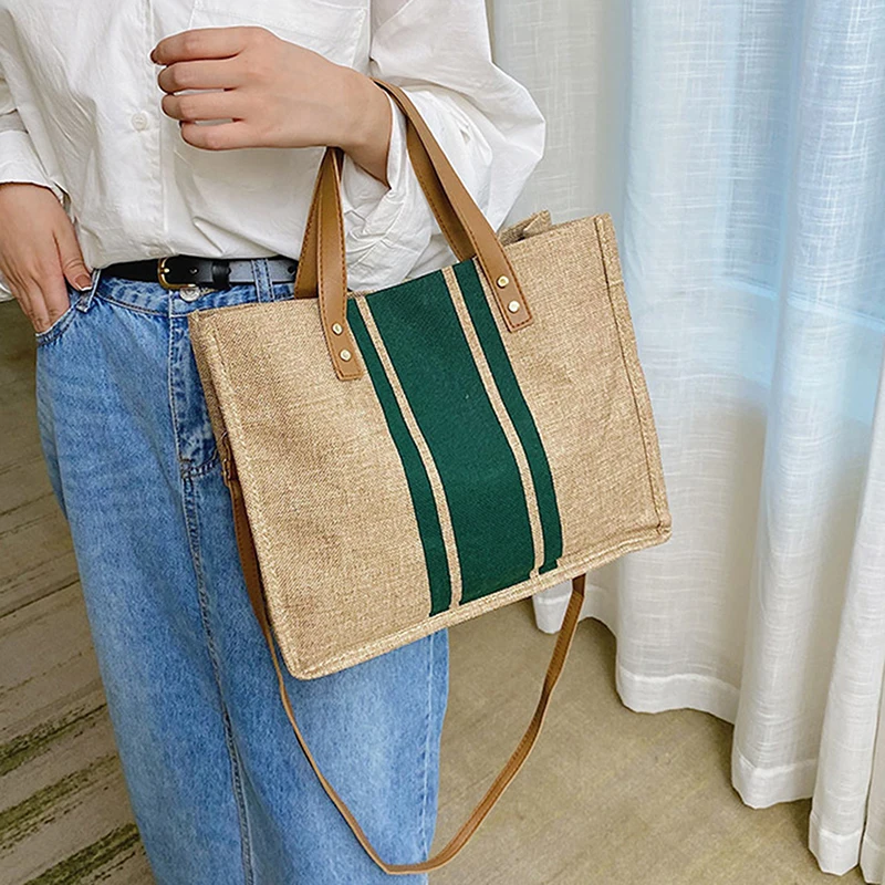 

Simple Canvas Stripe Decor Bucket Handbag Women Top Handle Tote Bag Large Capacity Casual Shoulder Crossbody Pouch