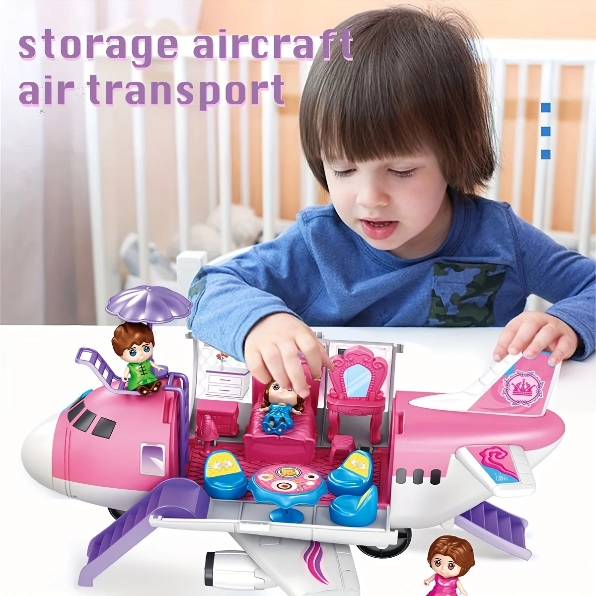子供用ピンクプリンセス飛行機プレイセット1個、アクセサリー、家具、フィギュア付きのふり遊び飛行機おもちゃ