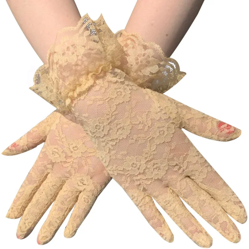 Guantes de tul cortos de encaje para mujer, manoplas de dedo completo, elegantes, ultrafinas, florales