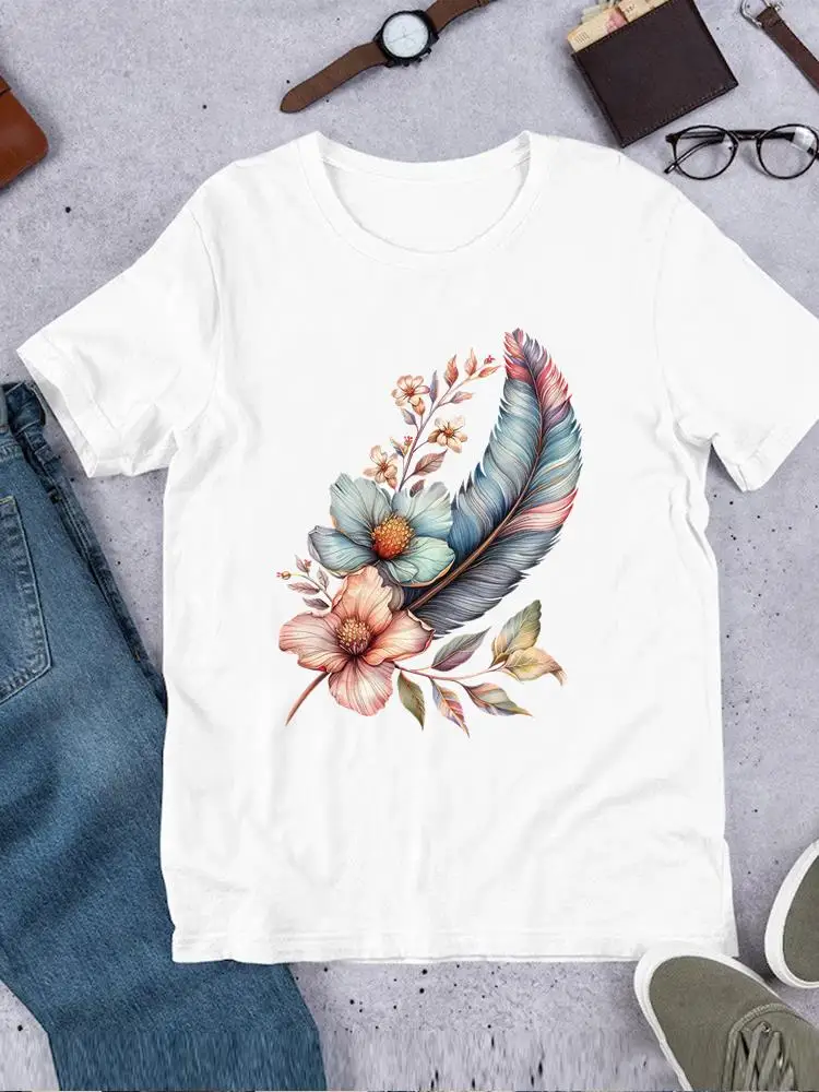 Women Short Sleeve T Clothes Casual Ladies Printed Fashion Female Feather Flower Floral Clothing Top Tee O-neck Printing T-shirt