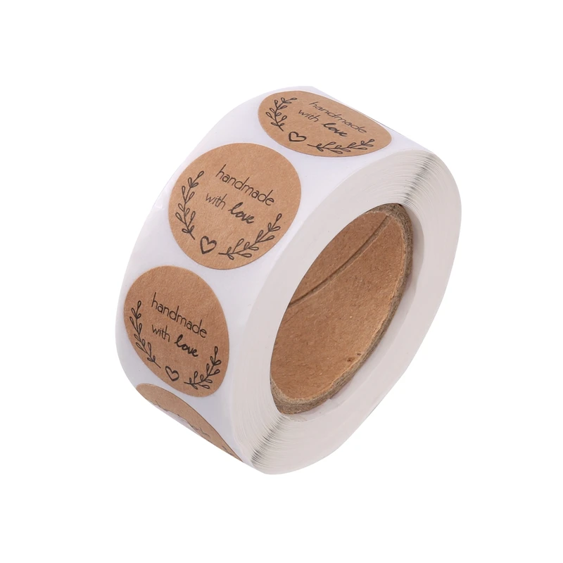 A35Q-1 Inch Round Natural Kraft Olive Branch Handmade With Love Stickers / 500 Labels Per Roll