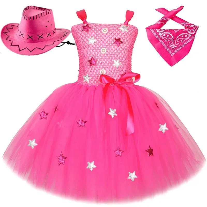Complete Outfit for Little Girls: Bright Pink Western-Style Denim Fluffy Tulle Tutu Dress,Kids' Clothes for Halloween, Festivals