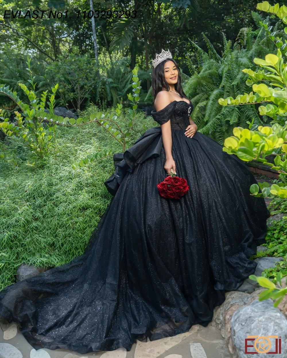 فستان Quinceanera أسود لامع مخصص من EVLAST مزين بالكريستال ومشد مطرز حلو 16 فيستدوس دي 15 أنوس E1QN641