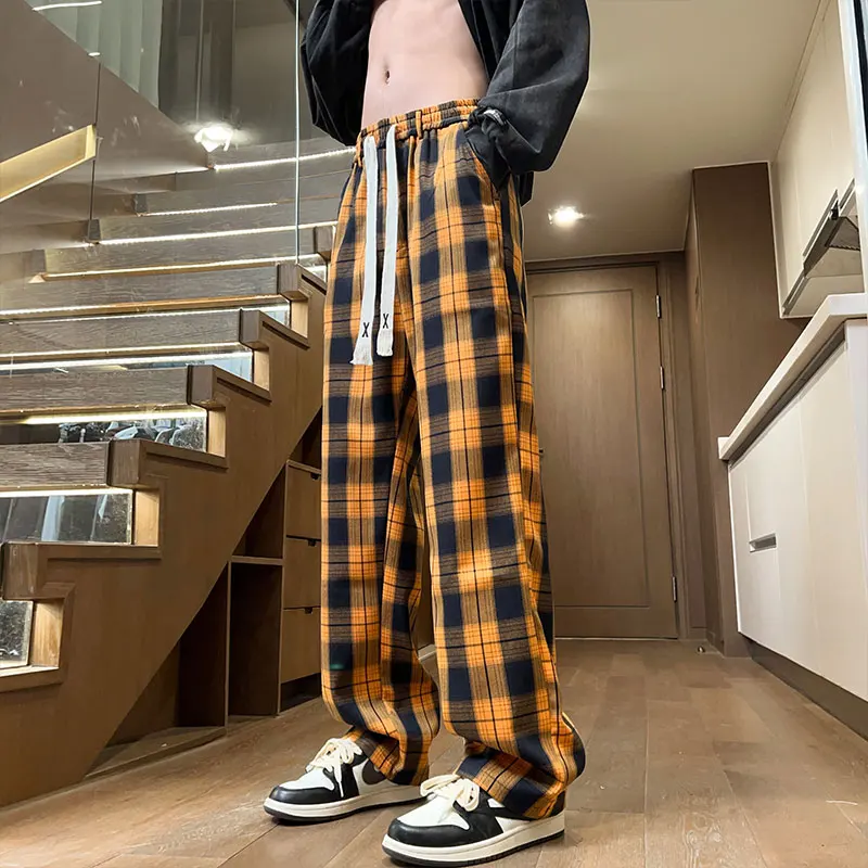 Plaid Straight Man Pants Work Wear Baggy Pants Men Streetwear Clothing Men's Work Pants Big Size 2024 Autumn New