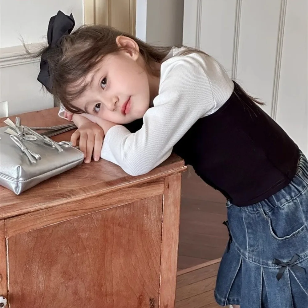 لطيف الكورية نمط كاذبة قطعتين أعلى الأميرة أنيقة طويلة الأكمام تي شيرت القوس قاعدة قميص الفتيات ارتداء