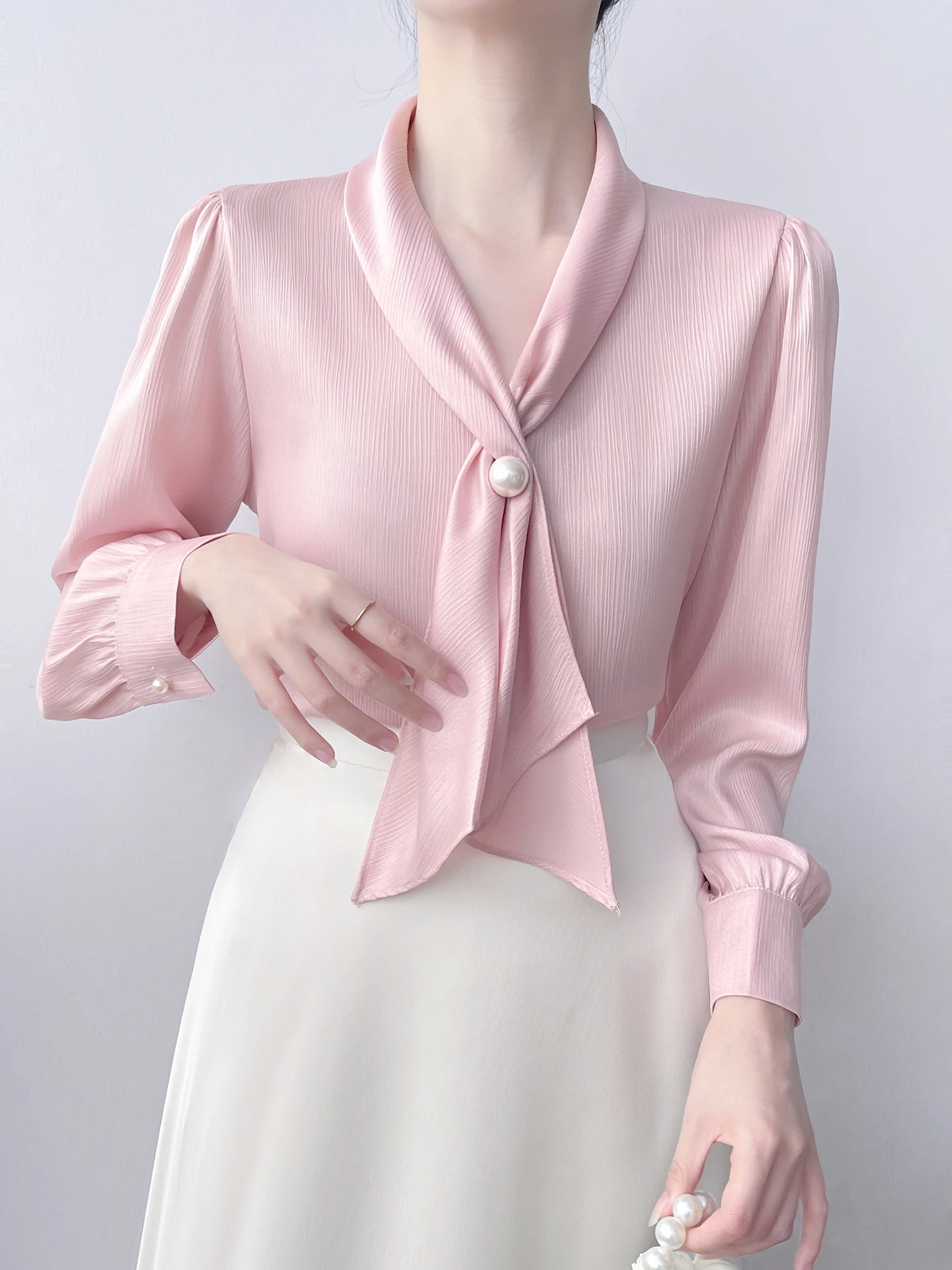 

Pink Silk Satin Long Sleeve Women's Shirt with Sash Commute Style Korean Fashion Loose Fit Polyester Fiber Age Defying Spring...