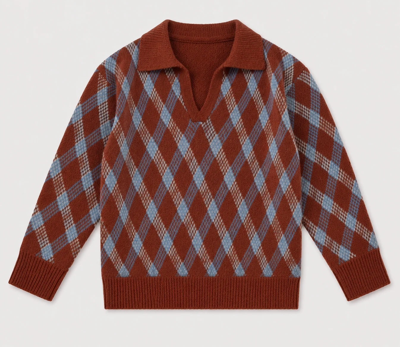 Übergrößen Argyle Karierter Pullover für Damen, Polo V-Ausschnitt, Langarm, Preppy Vintage Strickpullover, Locker Geschnitten, Lässig, Herbst-Winter-Oberteil – Detail 4