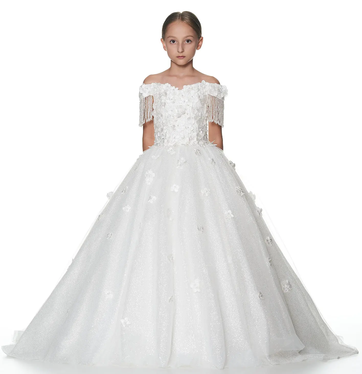 FATAPAESE Glitter Flower Girl Dresses Baptism Communion Party Gown Floral Off Shoulder Lace Blouse with Crystals Tassel Wedding