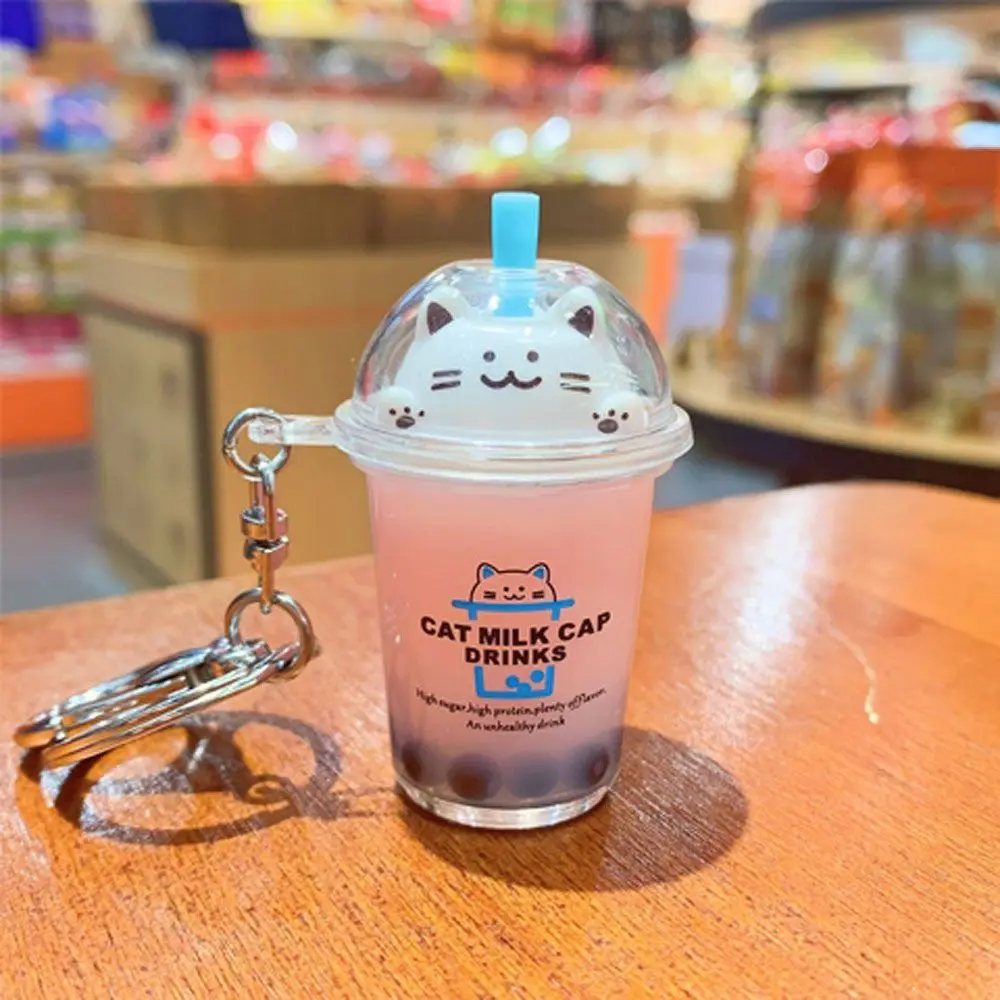 Sequin Creative Cartoon Floating Cute Cat Liquid Pendant Cup Milk Tea Fashion Accessories Key Chain Key Ring Jewelry